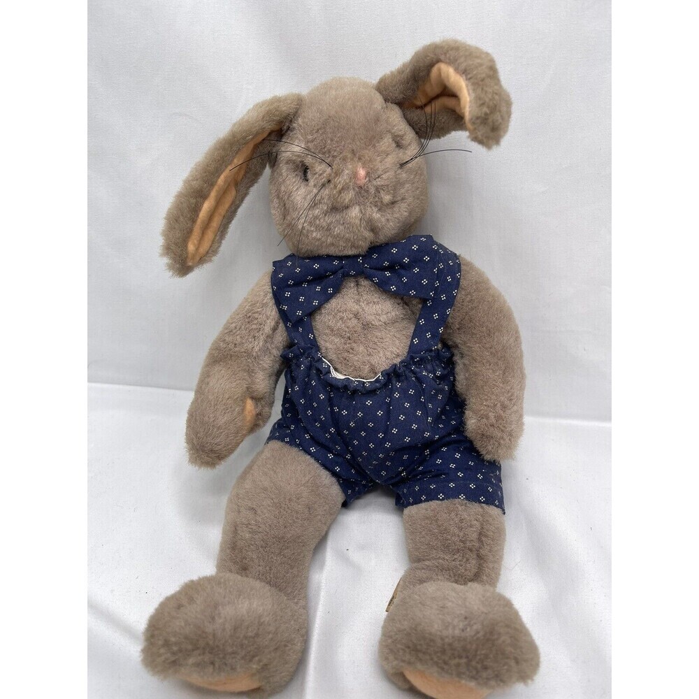VTG Mary Meyer Gray Bunny Rabbit Blue Bow Romper Plush Stuffed Animal 80’s 14”
